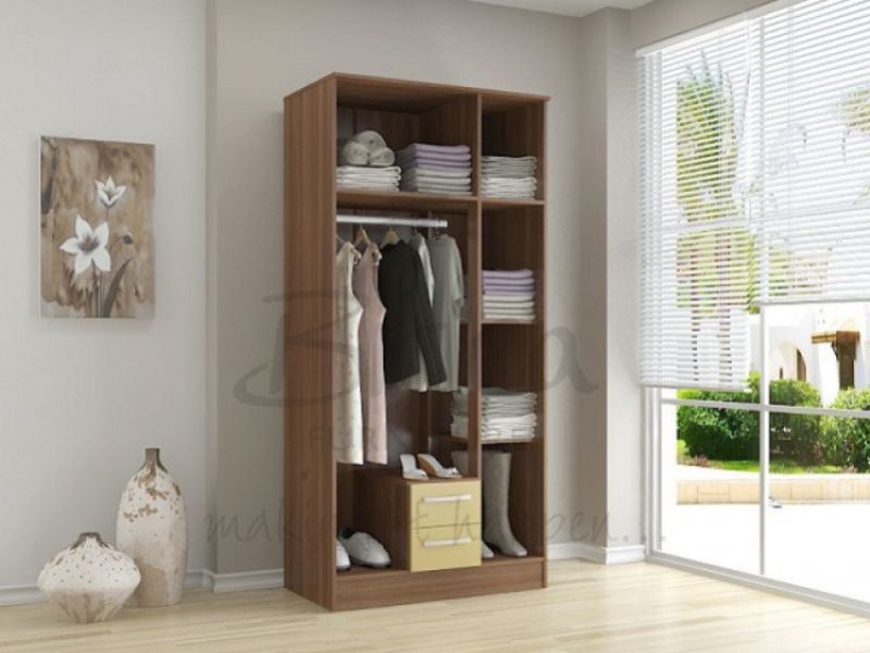 Birlea Lynx Walnut with Cream Gloss 3 Door 2 Drawer Wardrobe with Center Mirror