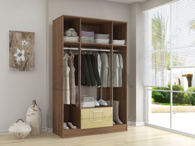 Birlea Lynx Walnut with Cream Gloss 4 Door 2 Drawer Wardrobe with Center Mirrors