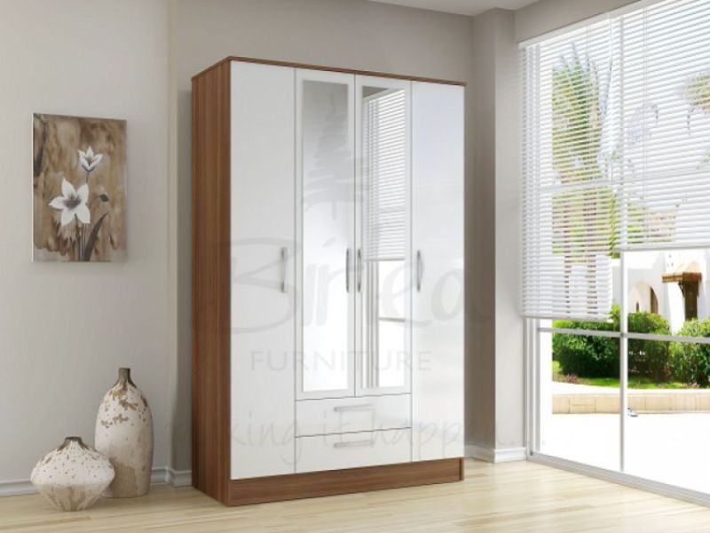 Birlea Lynx Walnut with White Gloss 4 Door 2 Drawer Wardrobe with Center Mirrors