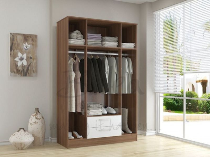 Birlea Lynx Walnut with White Gloss 4 Door 2 Drawer Wardrobe with Center Mirrors