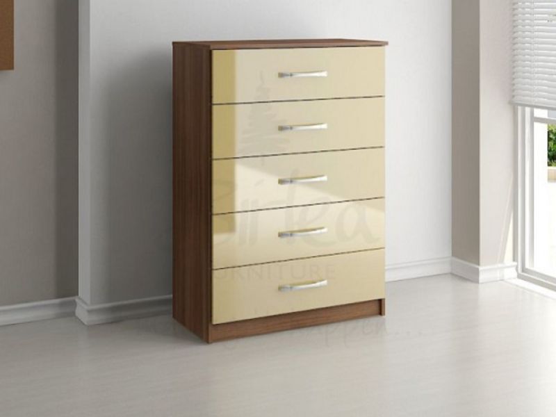 Birlea Lynx Walnut with Cream Gloss 5 Drawer Chest of Drawers