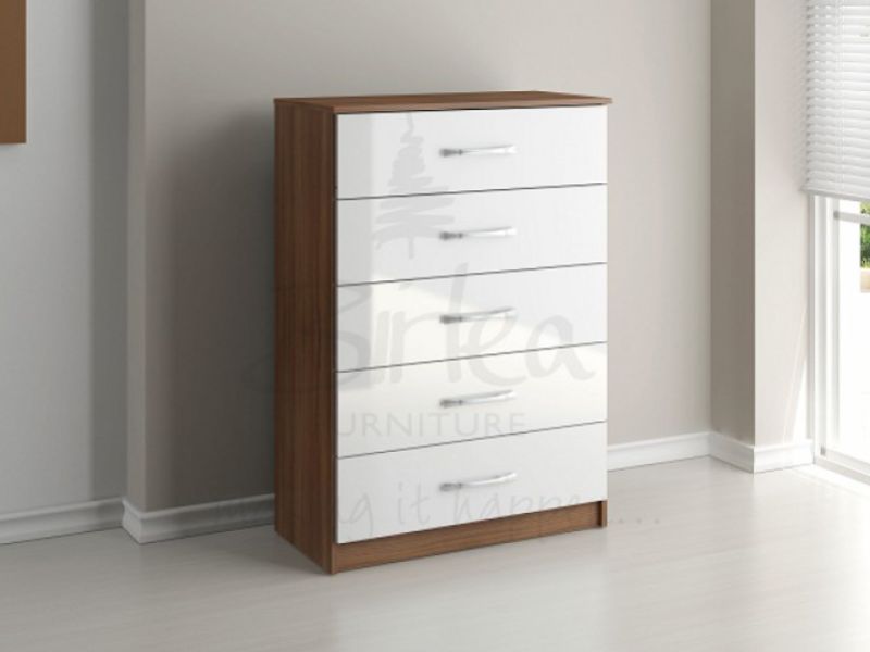 Birlea Lynx Walnut with White Gloss 5 Drawer Chest of Drawers