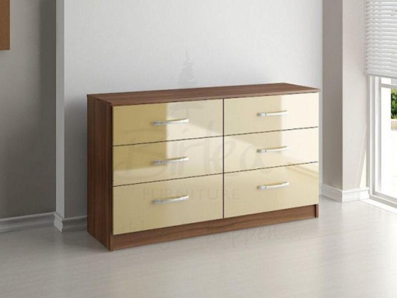 Birlea Lynx Walnut with Cream Gloss 6 Drawer Wide Chest of Drawers