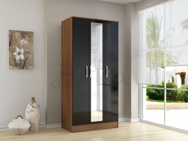 Birlea Lynx Walnut with Black Gloss 3 Door Wardrobe with Center Mirror