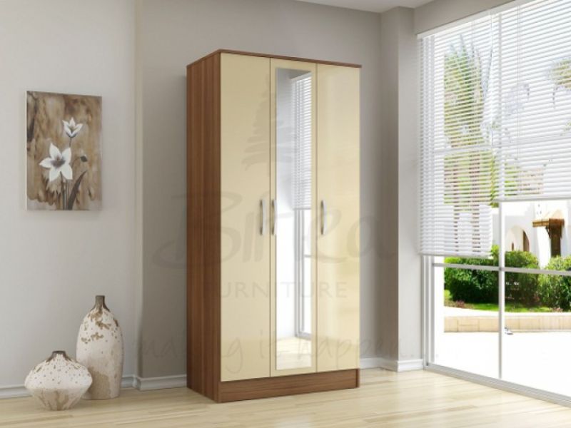 Birlea Lynx Walnut with Cream Gloss 3 Door Wardrobe with Center Mirror