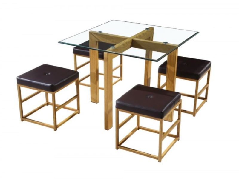 LPD Cube Glass And Metal Dining Set With Brown Seats