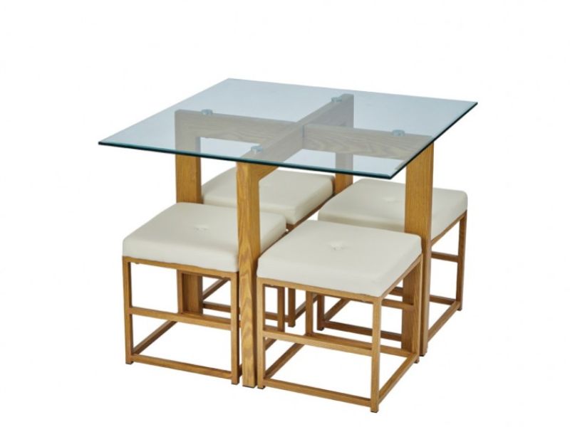 LPD Cube Glass And Metal Dining Set With Cream Seats