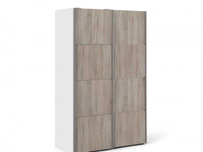 FTG Verona White And Truffle Oak Sliding Door Wardrobe (120cm 5 x Shelf)