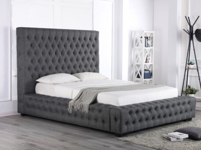 Super Kingsize Grey Fabric Ottoman Bed, King Size Ottoman Bed With Large Headboard