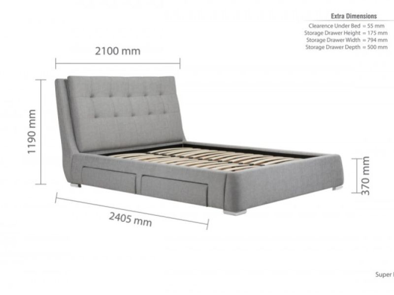 Super Kingsize Grey Fabric Bed Frame, King Size Storage Bed Dimensions