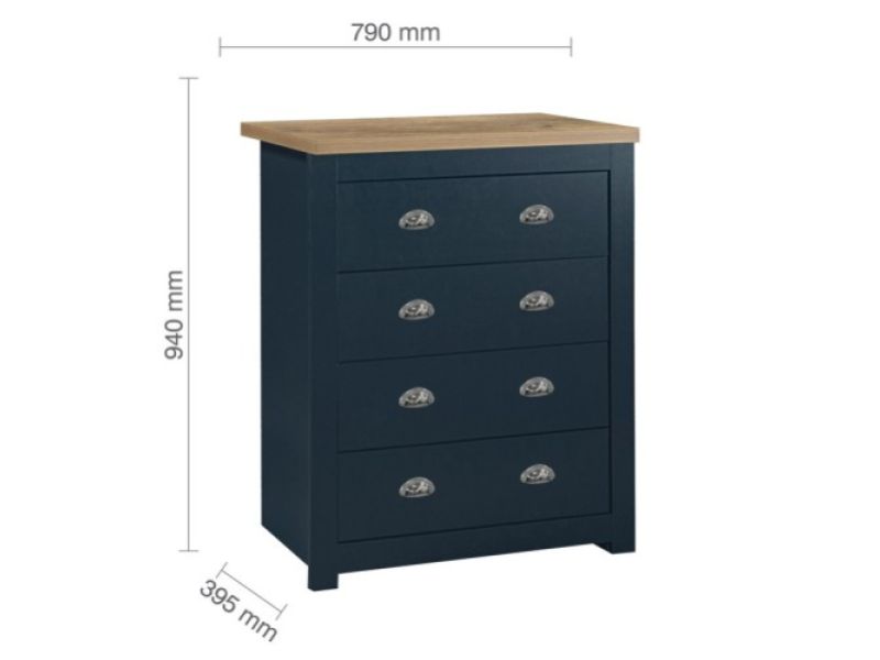 Birlea Highgate Navy Blue And Oak Finish 4 Drawer Chest