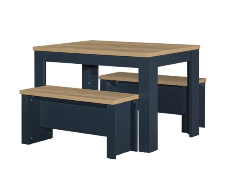 Birlea Highgate Navy Blue And Oak Finish Dining Table And Bench Set