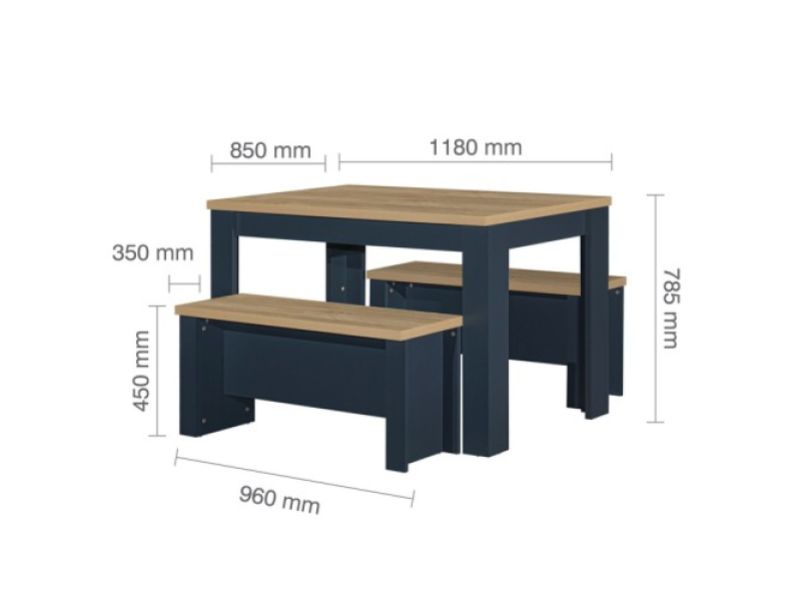 Birlea Highgate Navy Blue And Oak Finish Dining Table And Bench Set