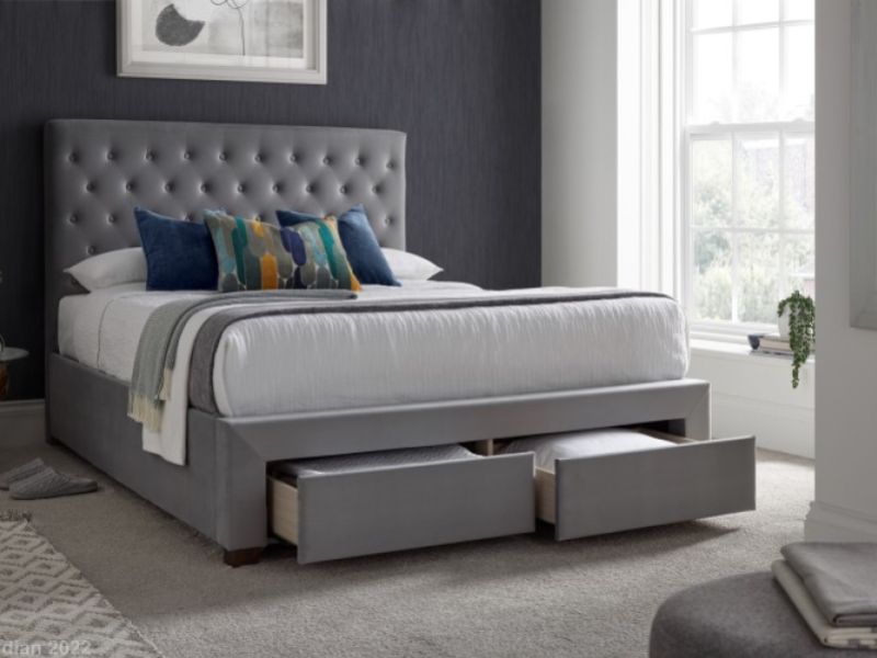 Kaydian Vindolanda 4ft6 Double Grey Velvet Fabric Bed With Drawers