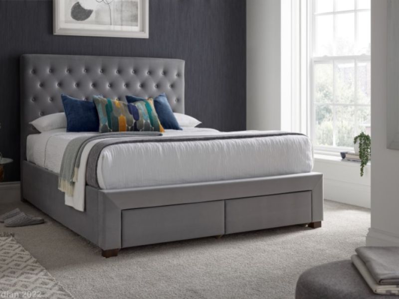 Kaydian Vindolanda 4ft6 Double Grey Velvet Fabric Bed With Drawers