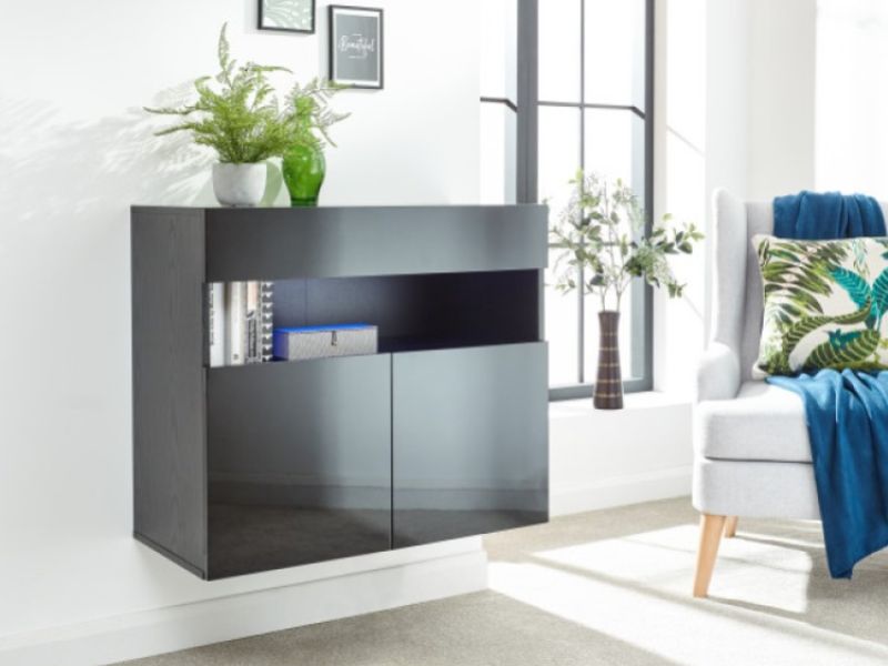 GFW Galicia Black Gloss LED Wall Hanging Sideboard