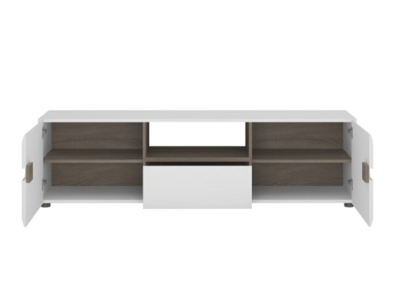 FTG Chelsea Living Wide TV Unit in white with an Truffle Oak Trim