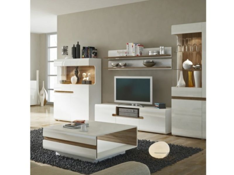 FTG Chelsea Living Wide TV Unit in white with an Truffle Oak Trim