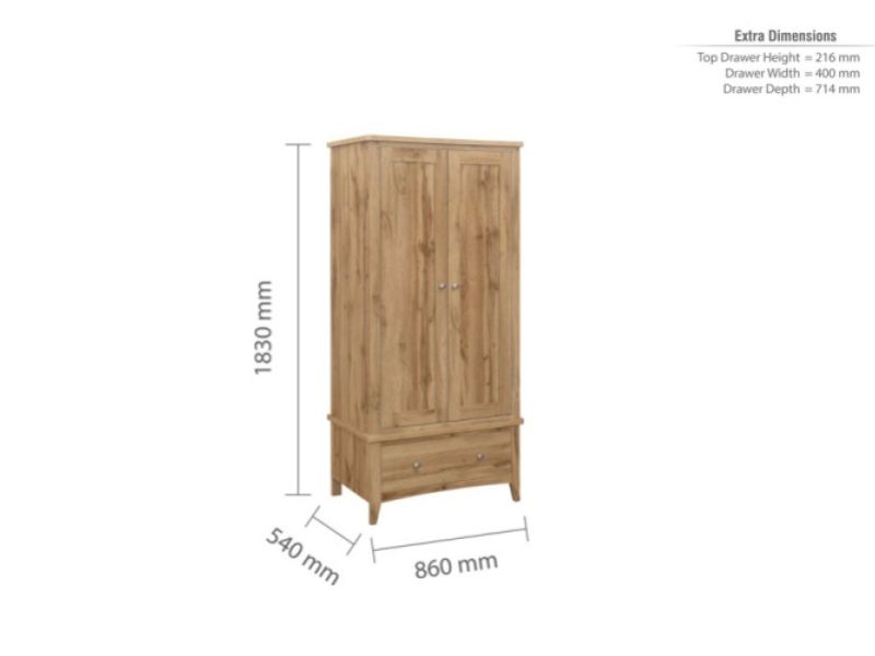 Birlea Hampstead Oak Finish 2 Door 1 Drawer Wardrobe