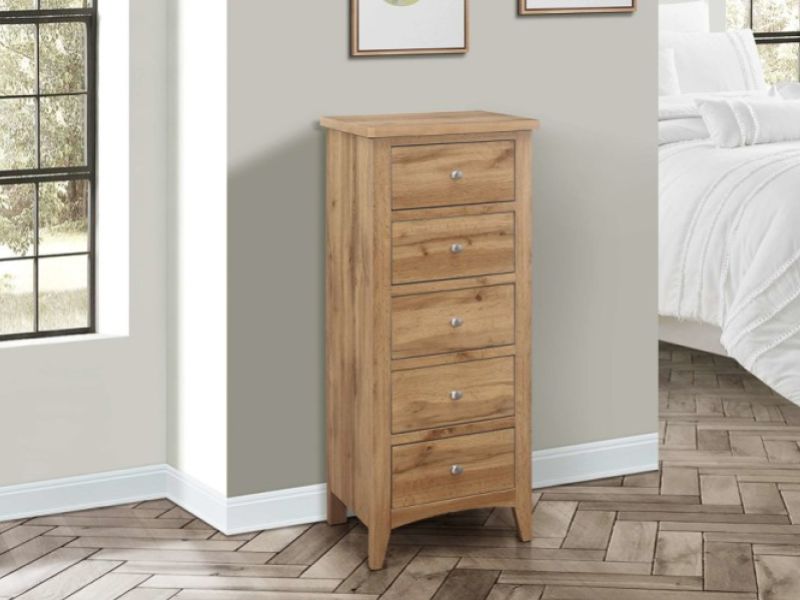 Birlea Hampstead Oak Finish 5 Drawer Tall Narrow Chest