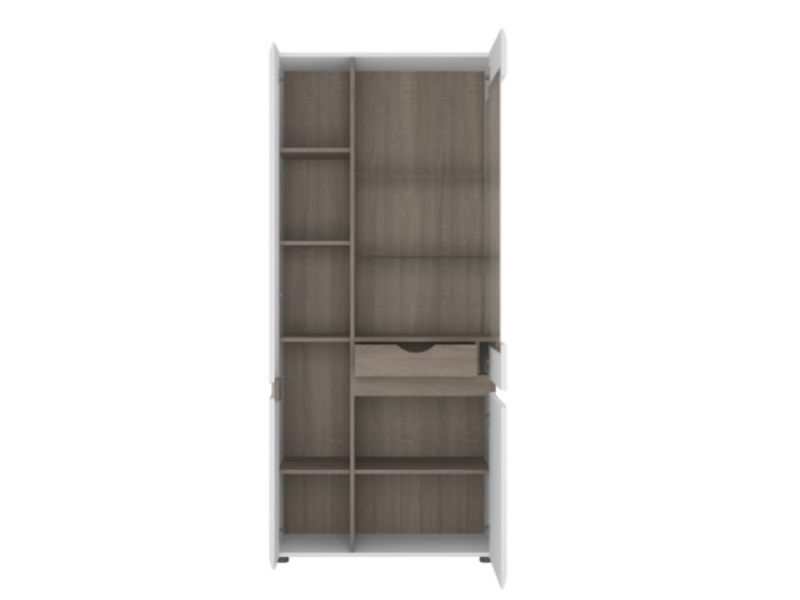FTG Chelsea Living Tall Glazed Wide Display unit (LHD) in white with an Truffle Oak Trim