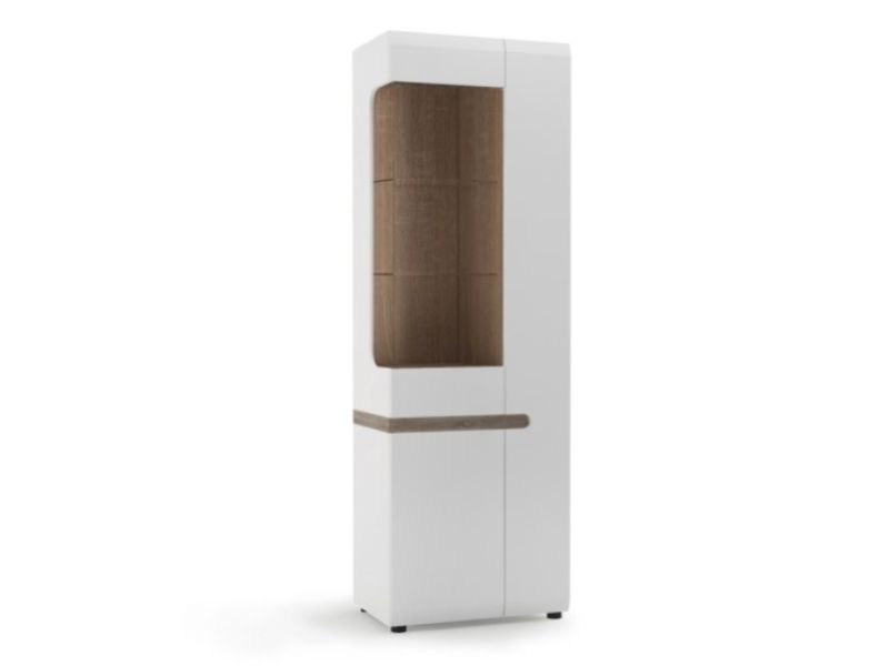 FTG Chelsea Living Tall Glazed Narrow Display unit (RHD) in white with an Truffle Oak Trim