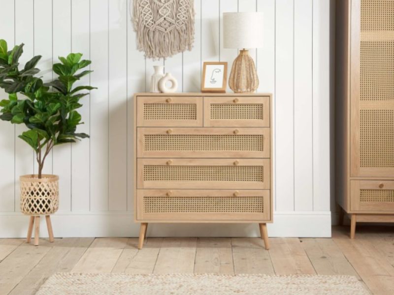 Birlea Croxley Rattan And Oak Finish 5 Drawer Chest