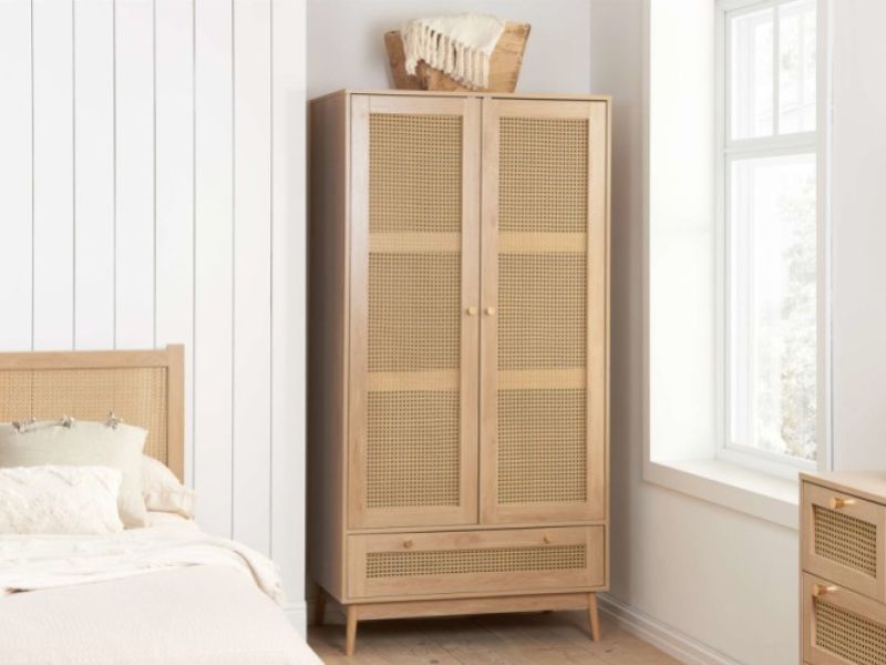 Birlea Croxley Rattan And Oak Finish 2 Door 1 Drawer Wardrobe