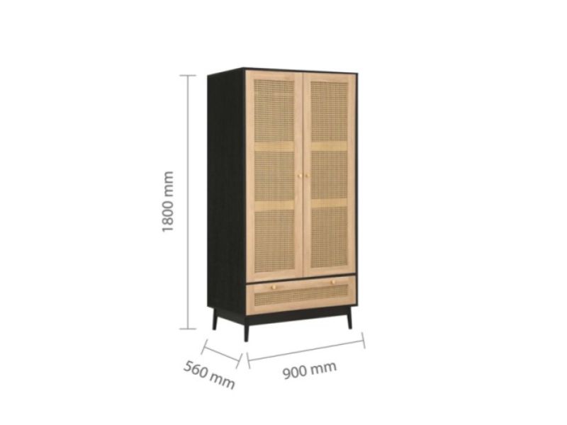 Birlea Croxley Rattan And Black Finish 2 Door 1 Drawer Wardrobe