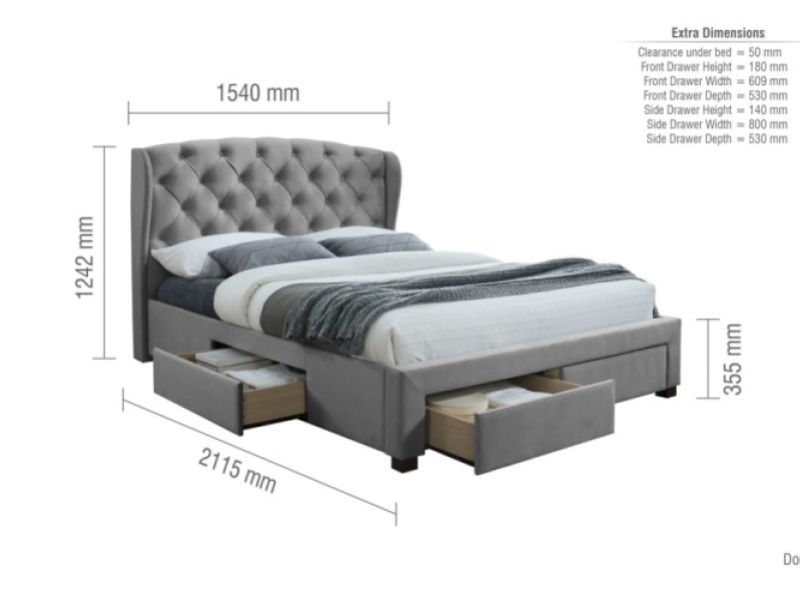 Birlea Hope 4ft6 Double Grey Velvet Fabric Bed Frame With Drawers