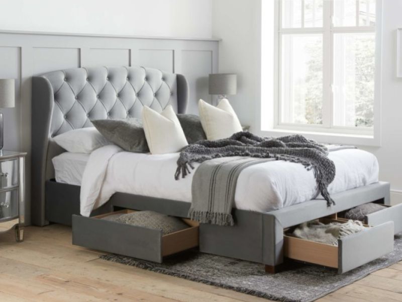 Birlea Hope 5ft Kingsize Grey Velvet Fabric Bed Frame With Drawers