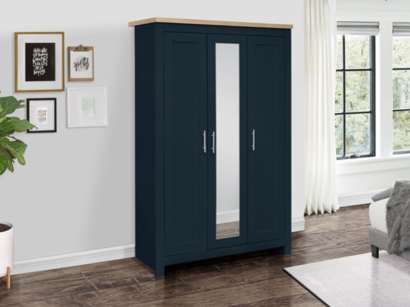 Birlea Highgate Navy Blue And Oak Finish 3 Door Wardrobe With Mirror