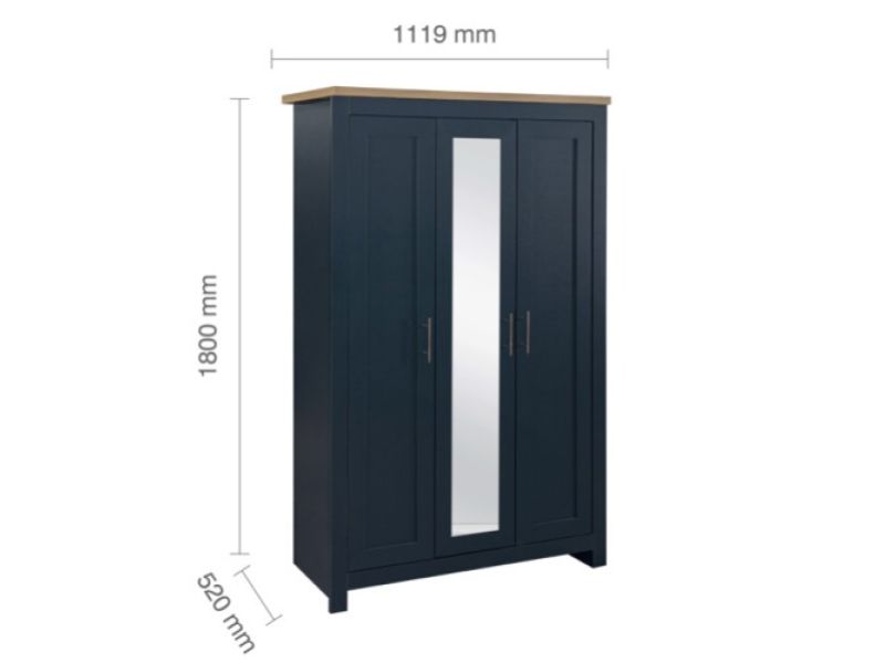 Birlea Highgate Navy Blue And Oak Finish 3 Door Wardrobe With Mirror