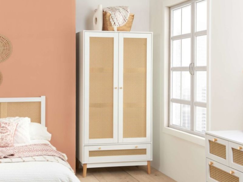 Birlea Croxley Rattan And White Finish 2 Door 1 Drawer Wardrobe