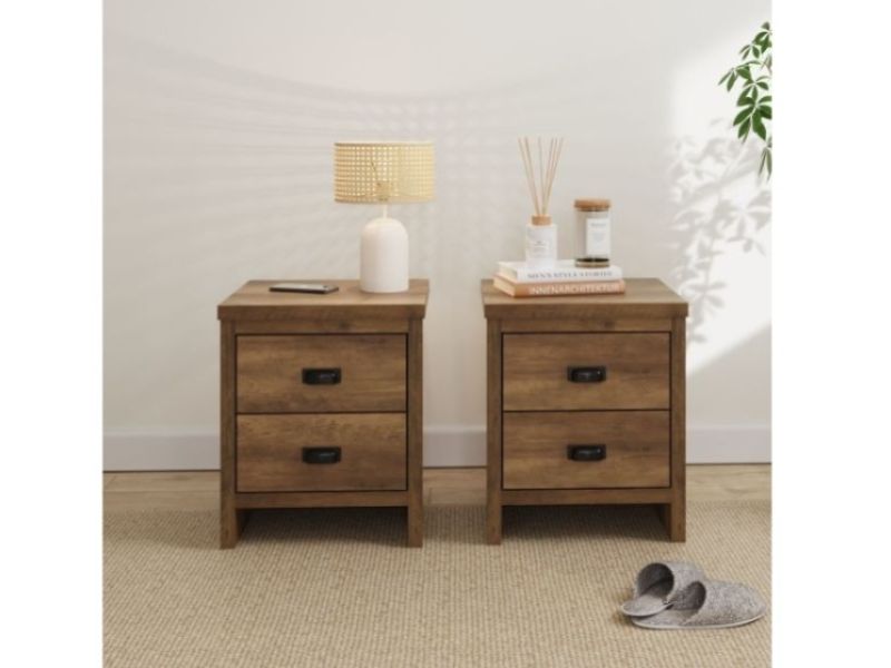 GFW Boston 2 Drawer Bedside Table PAIR in Knotty Oak Finish
