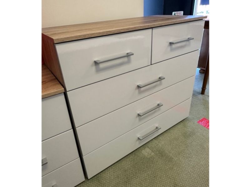 STORE CLEARANCE Rauch Morella 5 Drawer Chest In Soft Grey And Oak