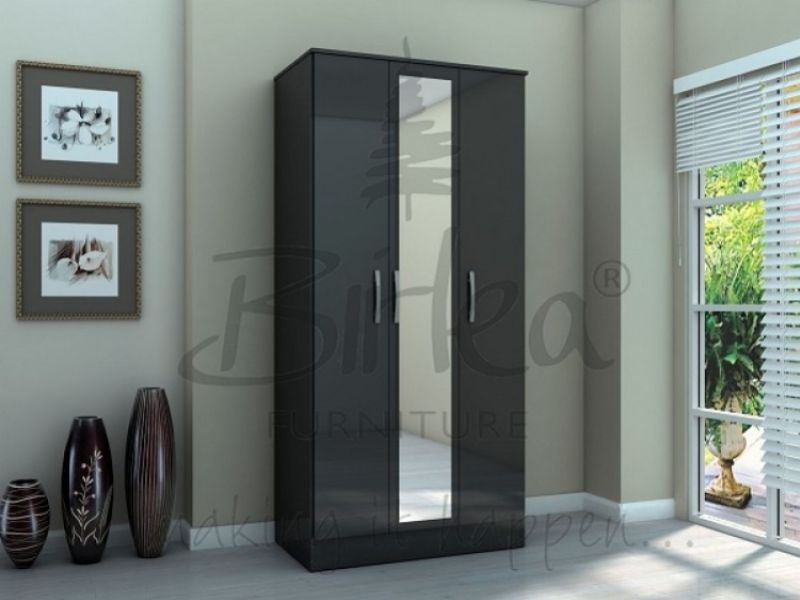 Birlea Lynx Black with Black Gloss 3 Door Wardrobe with Mirror