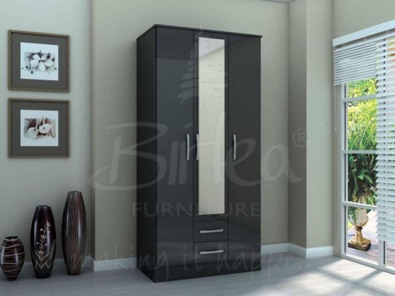 Birlea Lynx Black Gloss 3 Door 2 Drawer Wardrobe With Centre Mirror