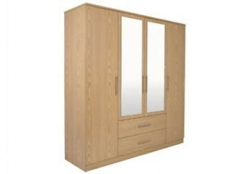 GFW Manhattan Oak 4 Door 2 Drawer Wardrobe With Mirrors