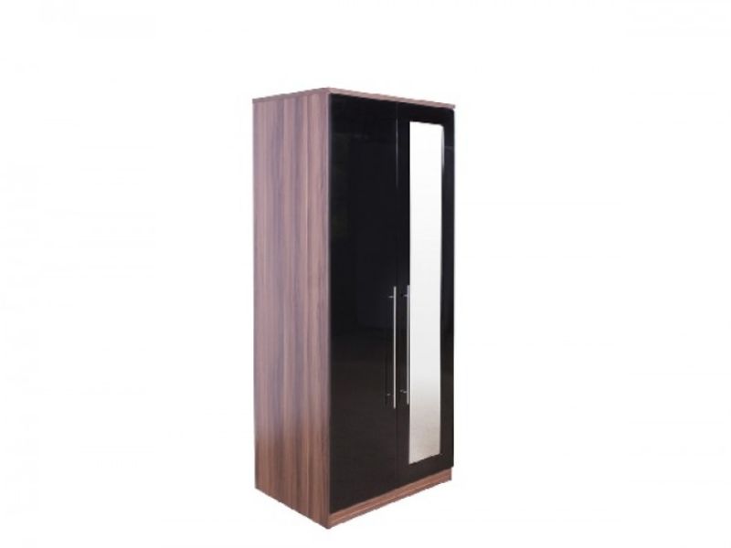 GFW Modular 2 Door Walnut And Black Gloss Wardrobe With Mirror