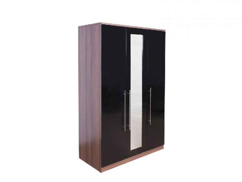 GFW Modular 3 Door Walnut And Black Gloss Wardrobe With Mirror