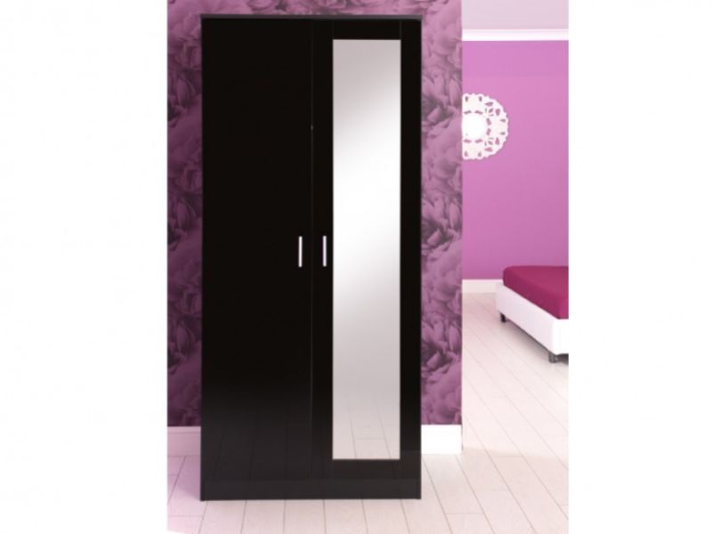 GFW Ottawa 2 Door Wardrobe with Mirror in Black Oak and Black Gloss