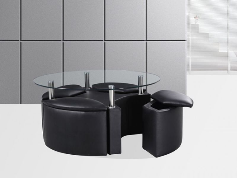 GFW Dakota Coffee Table with Stools in Black Faux Leather