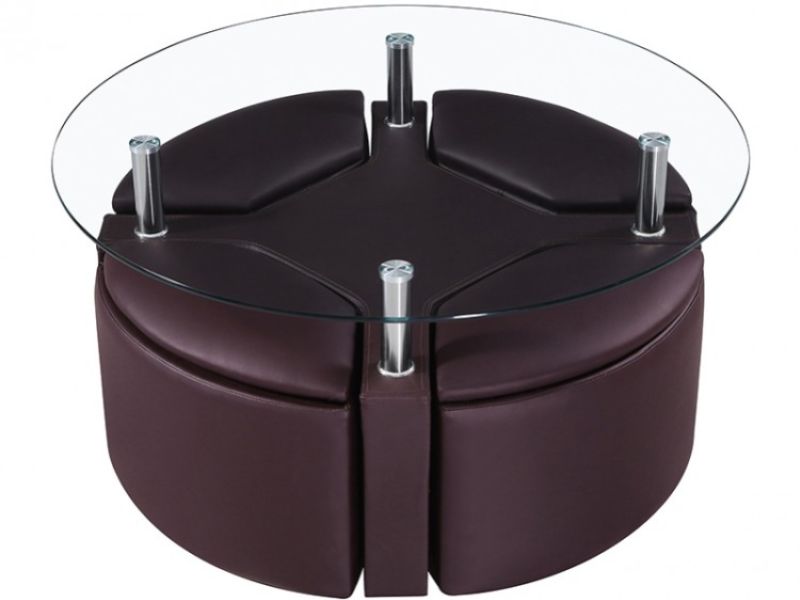 GFW Dakota Coffee Table with Stools in Brown Faux Leather