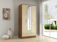 Birlea Lynx Walnut with Cream Gloss 3 Door 2 Drawer Wardrobe with Center Mirror Thumbnail