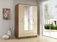 Birlea Lynx Walnut with Cream Gloss 4 Door 2 Drawer Wardrobe with Center Mirrors Thumbnail