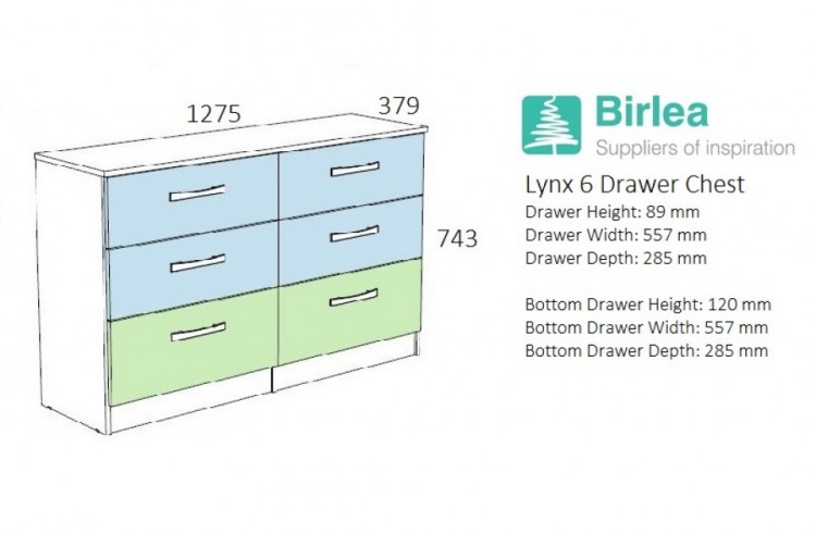 Birlea Lynx White With Grey Gloss 6 Drawer Wide Chest of Drawers