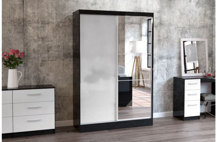 birlea lynx black with white gloss sliding door wardrobe with mirror