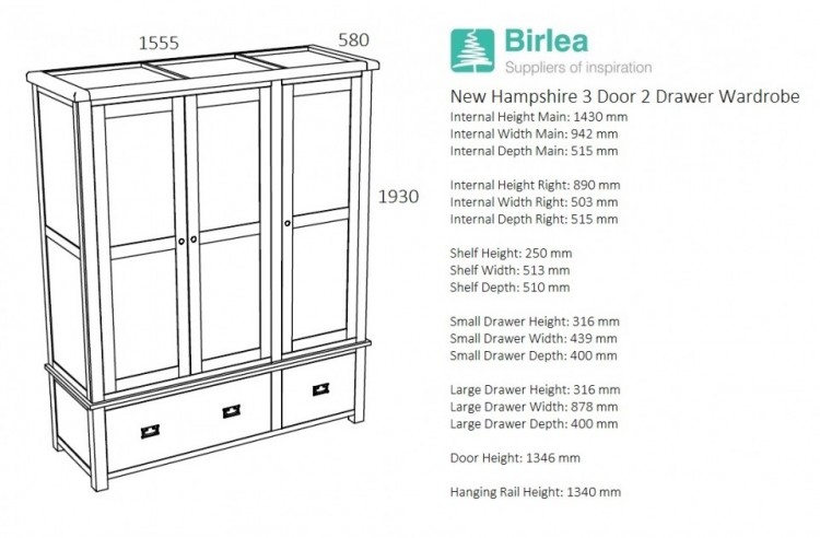 Birlea New Hampshire Cream And Oak 3 Door 2 Drawer Wardrobe