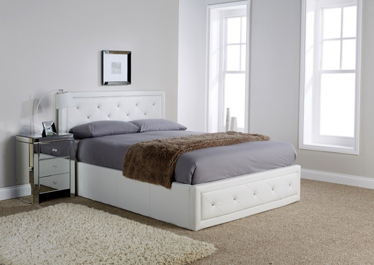 GFW Hollywood 4ft6 Double White Faux Leather Ottoman Lift Bed Frame by GFW